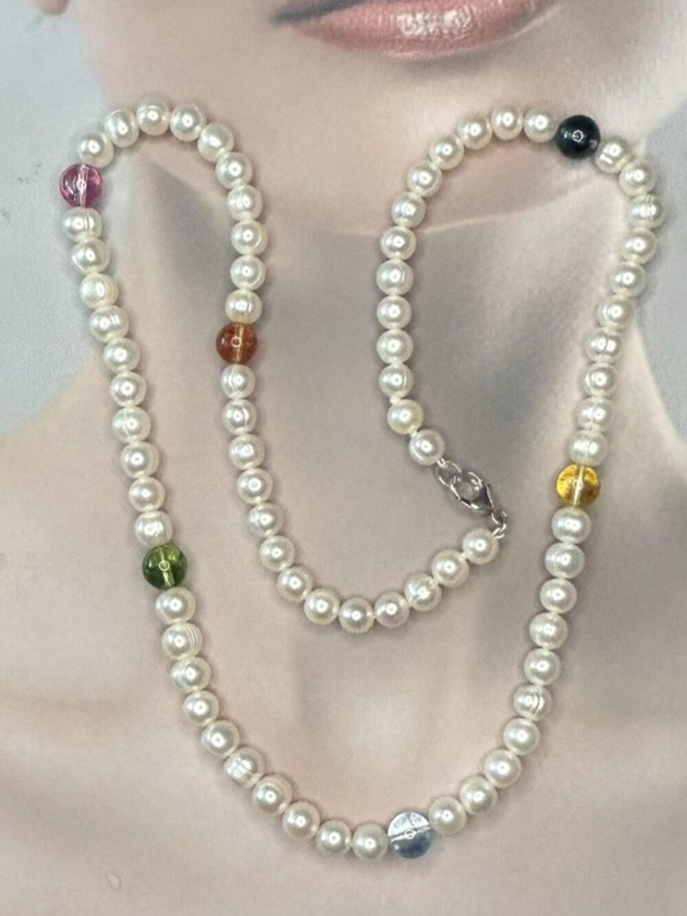 White Freshwater Ringed Pearls and Multi Color Quartz Beads Necklace.